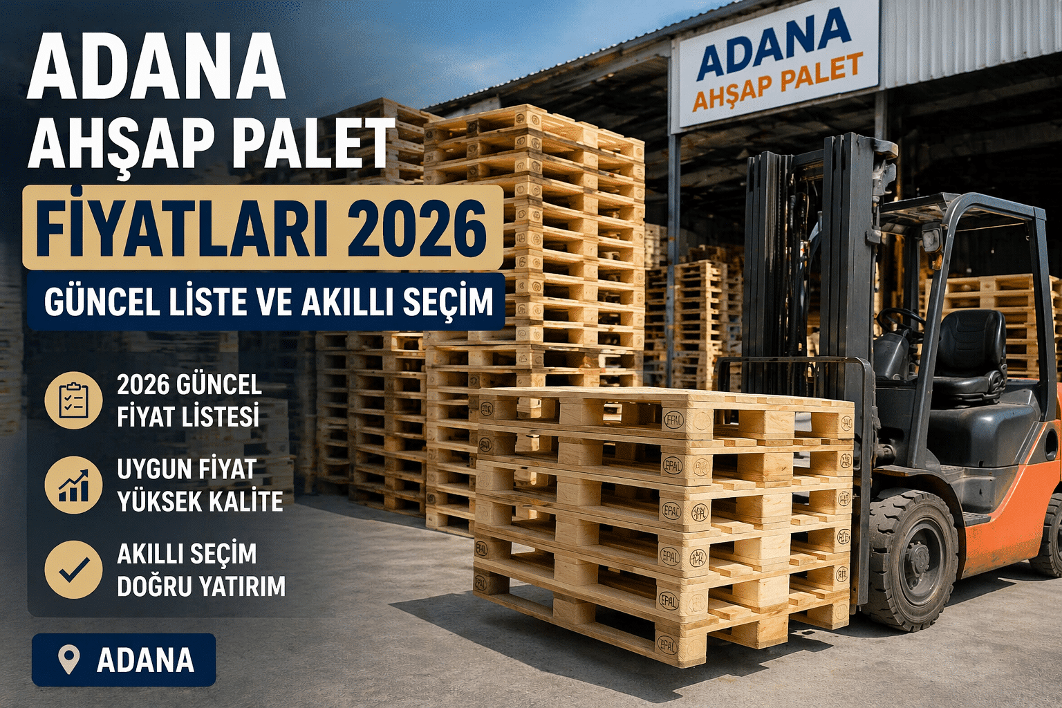 Adana ahşap palet fiyatları 2026, depoda istiflenmiş tahta paletler ve forklift ile lojistik kullanım sahnesi