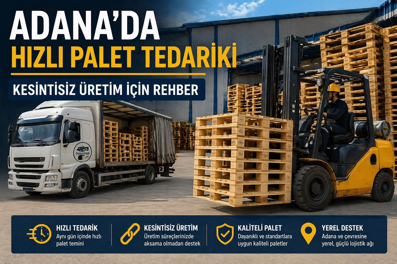 Adana’da hızlı palet tedariki, forklift ile palet taşıma ve kamyona yükleme yapılan lojistik depo sahnesi