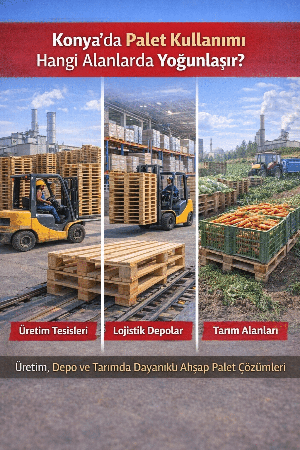 Konya’da fabrika, depo ve tarım alanlarında kullanılan ahşap paletler, farklı sektörlerde yük taşıma ve depolama için Türkiye Palet çözümleri