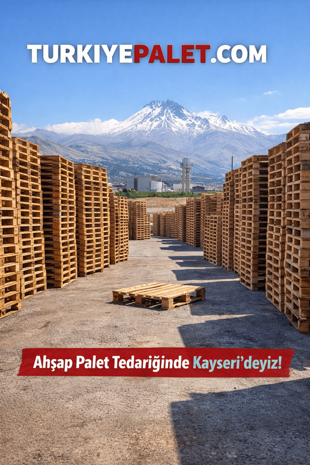 Kayseri’de açık depolama sahasında sıralı şekilde dizilmiş ahşap paletler, Erciyes Dağı manzarasıyla Türkiye Palet üretim alanı