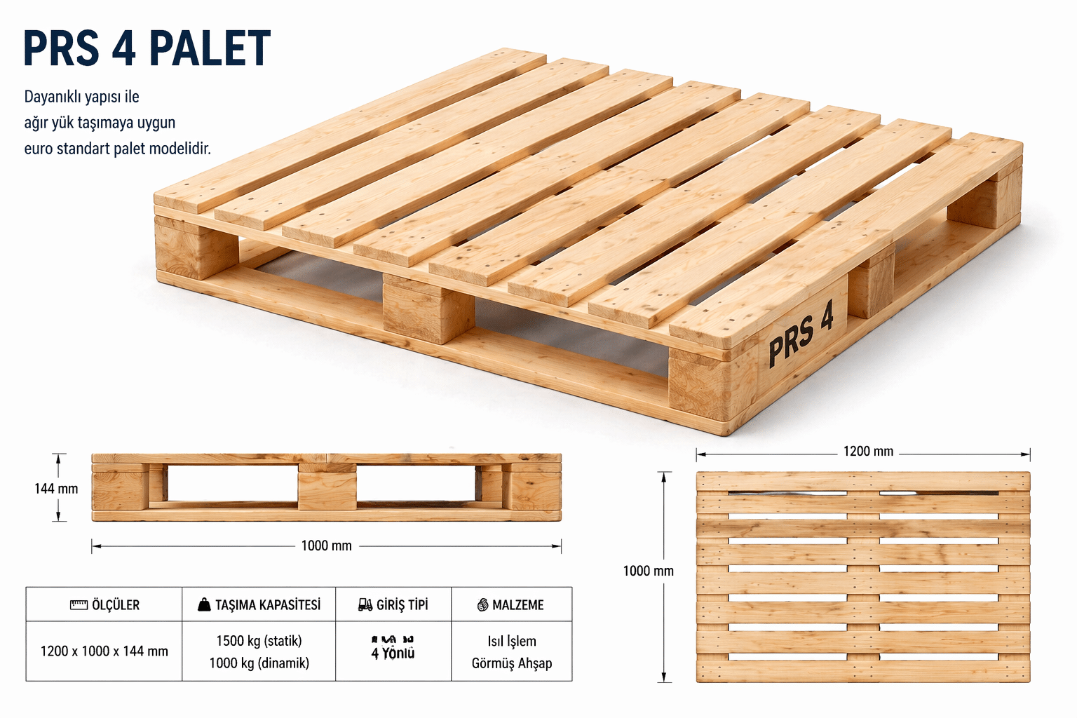 PRS 4 ahşap palet, prs4 palet modeli, ağır yük taşımaya uygun endüstriyel tahta palet