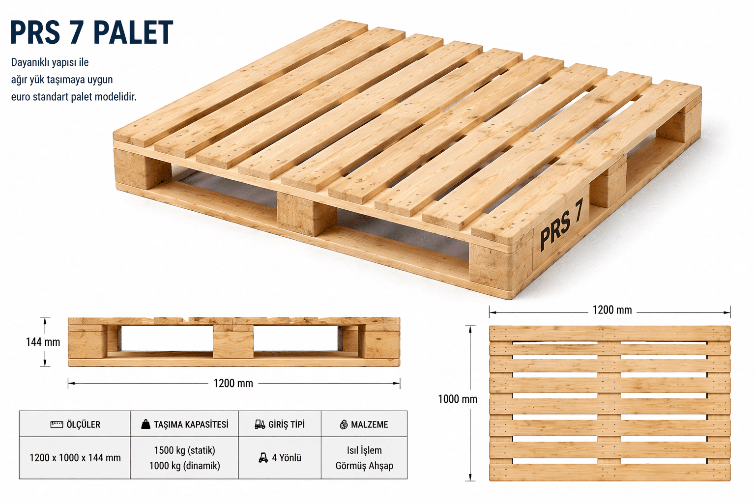 PRS 7 ahşap palet, prs7 palet modeli, endüstriyel kullanım için dayanıklı tahta palet, ağır yük paleti