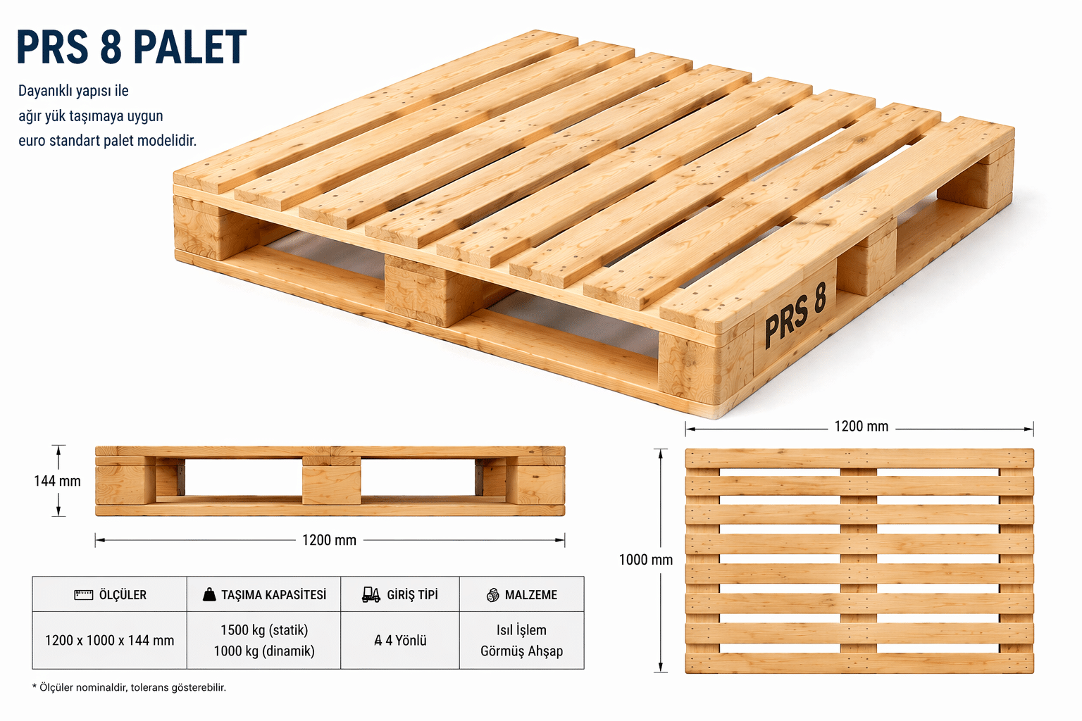 PRS 8 ahşap palet, prs8 palet modeli, ağır yük taşımaya uygun dayanıklı endüstriyel tahta palet